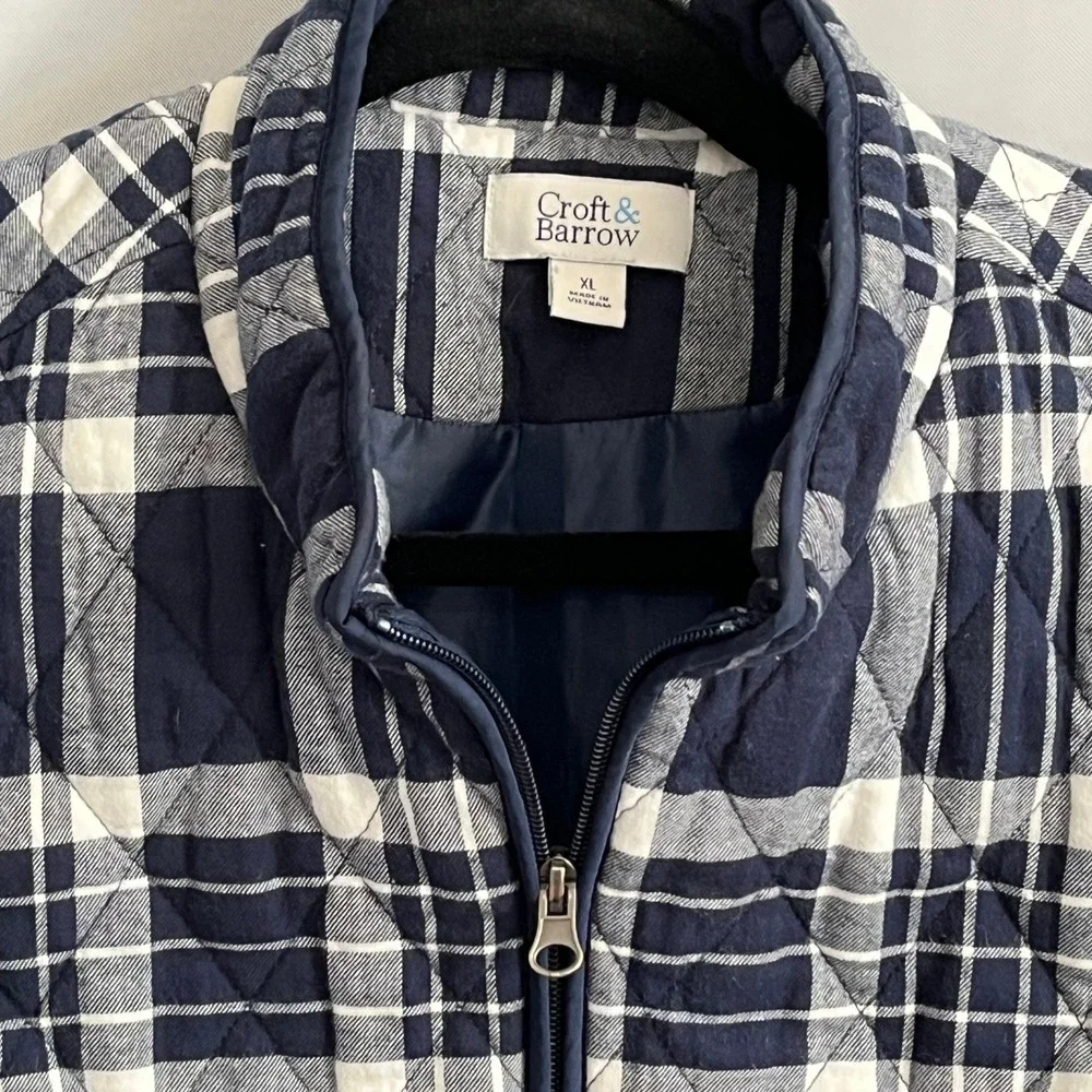Croft & Barrow Womens XL Navy Blue White‎ Plaid Quilted Zip Front Puffer Vest